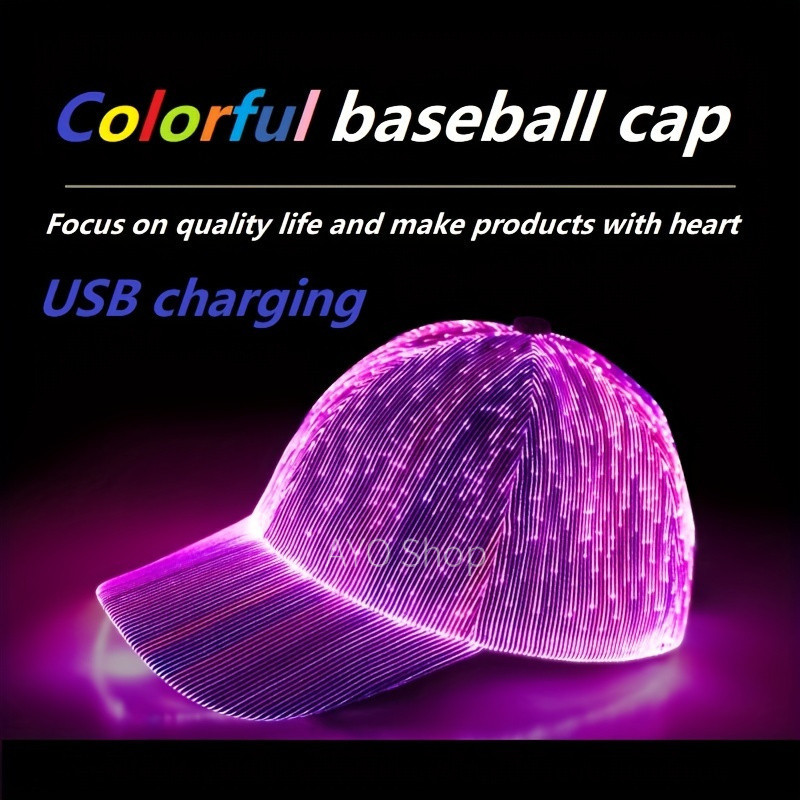 หมวกมีไฟ LED ไฟเบอร์ออปติก - หมวก Rave เรืองแสง 7 สี - ชาร์จ USB - การออกแบบเบสบอลมีสไตล์ - เหมาะสําหรับงานปาร์ตี้ ของขวัญ วันหยุดและเทศกาล - หมวก Unisex