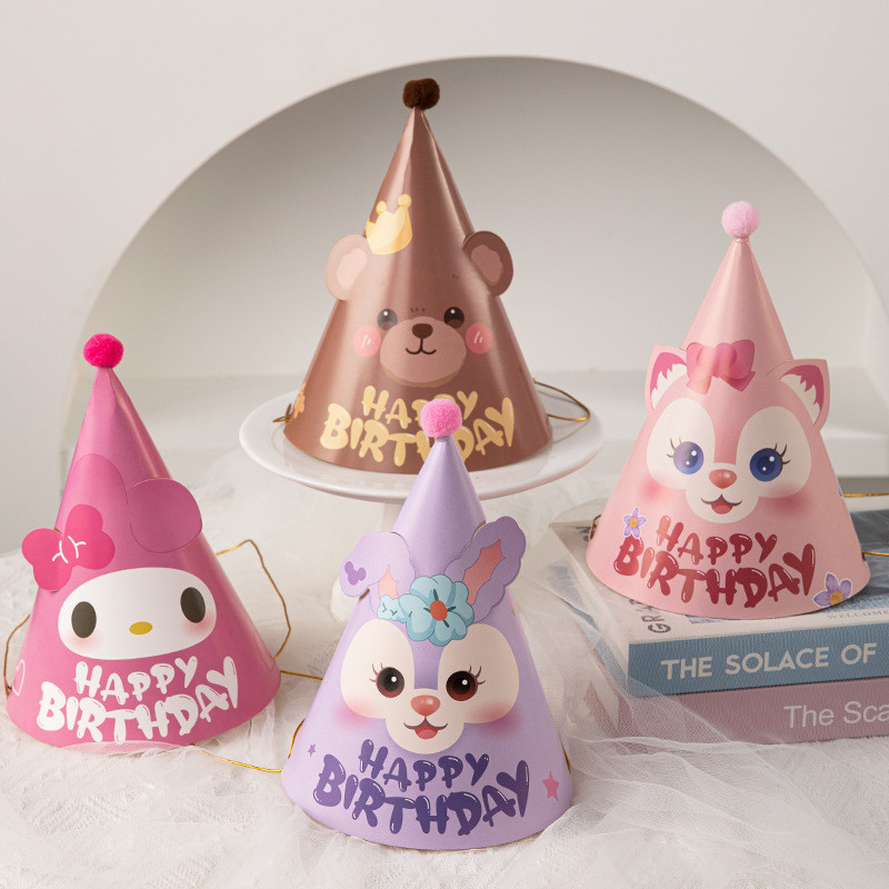 SANRIO 3ชิ้นน่ารักการ์ตูนsanrio Kuromi Cinnamoroll Stella Lou Lina Bellตุ๊กตาหมีLoppyเด็กสุขสันต์วันเกิดหมวกพรรคตกแต่งการถ่ายภาพอุปกรณ์ประกอบฉากพรรคหมวก
