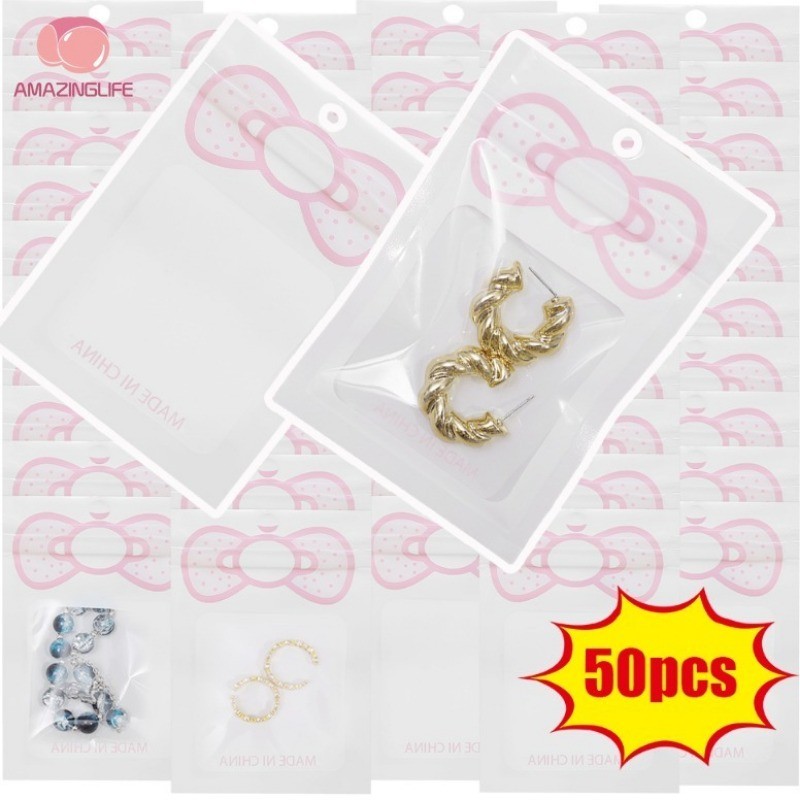 50/100 ชิ้นสีชมพูหวานโบว์กระเป๋าเก็บเครื่องประดับ-บรรจุภัณฑ์สี่เหลี่ยมเล็กๆถุงปิดผนึกด้วยตนเอง-น่ารักลูกอมต่างหูต่างหูถุงบรร