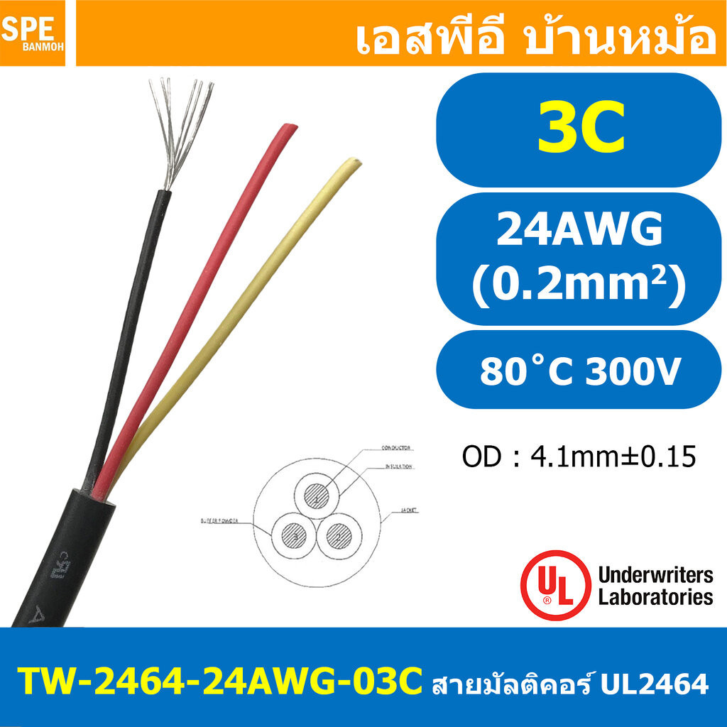 [ 2เมตร ] TW-2464-24AWG-3C สายมัลติคอร์ 3 คอร์ ขนาด 24AWG 3C x 24AWG UL2464 300V 80°C AWG24 เบอร์ 24