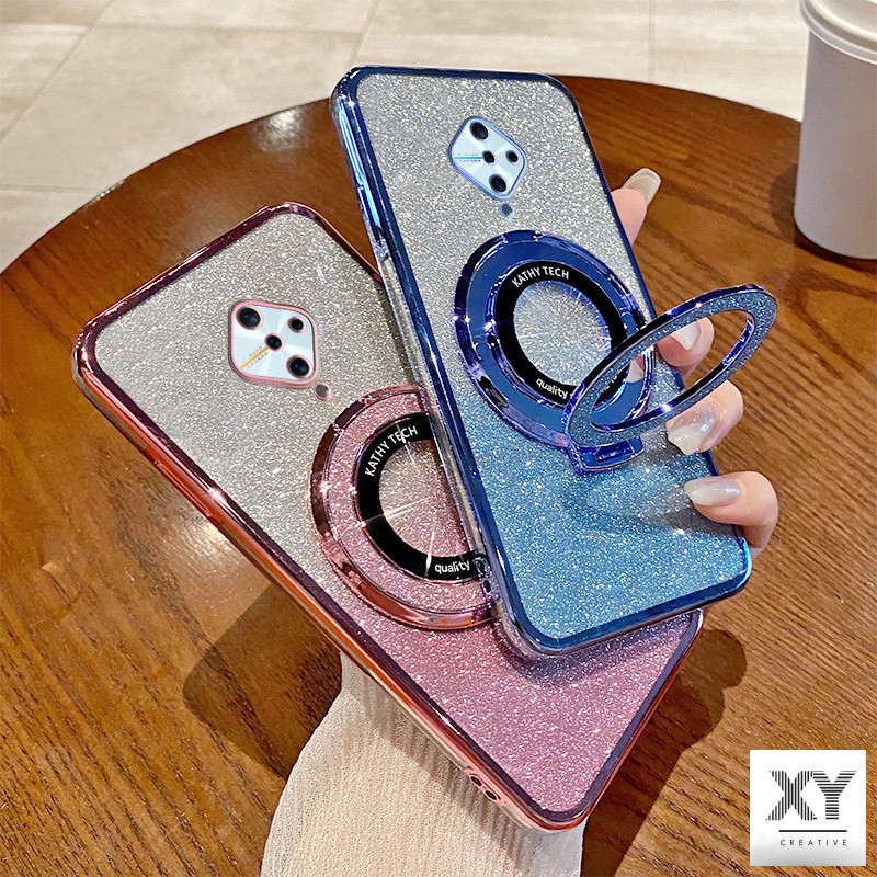 เคส vivo S1 PRO หรูหราชุบบางเฉียบกระพริบฝาครอบโปร่งใสกรณีเชลล์พร้อมวงเล็บแหวนแม่เหล็กดูดและเลนส์ป้องกันการตกครอบคลุมเต็มรูปแบบ เคสโทรศัพท์ vivo S1 PRO
