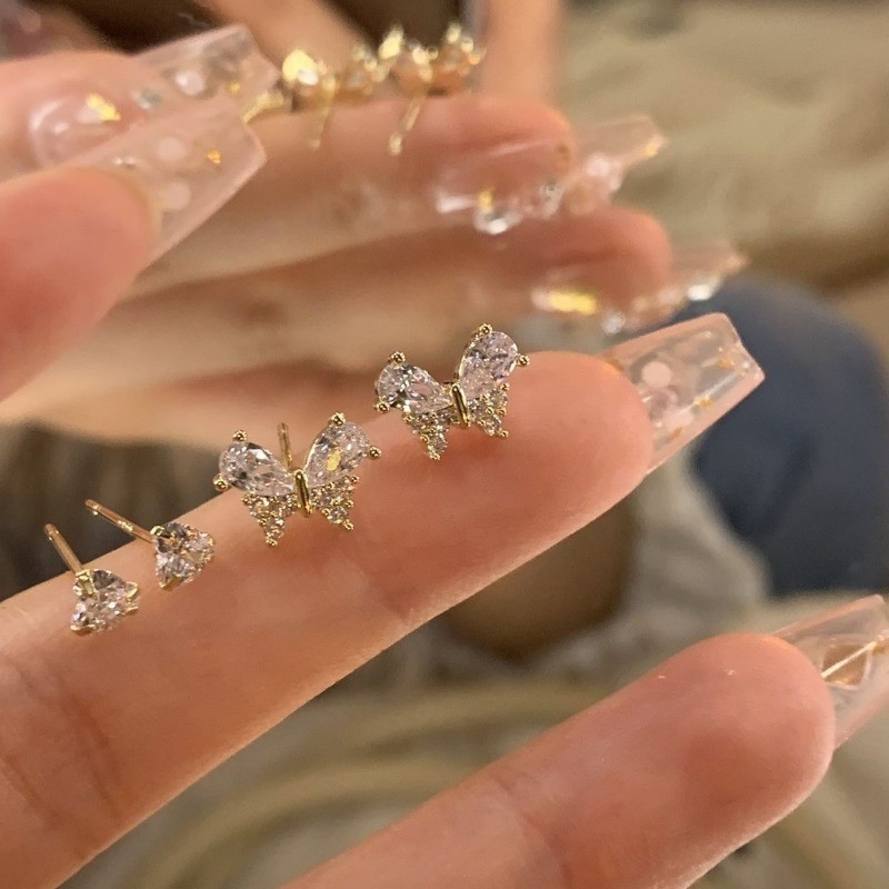 4 ชิ้น/ล็อต Bling ผีเสื้อ S925 ต่างหูเงินหูแฟชั่นเครื่องประดับ Accesssory สําหรับสาวหวาน