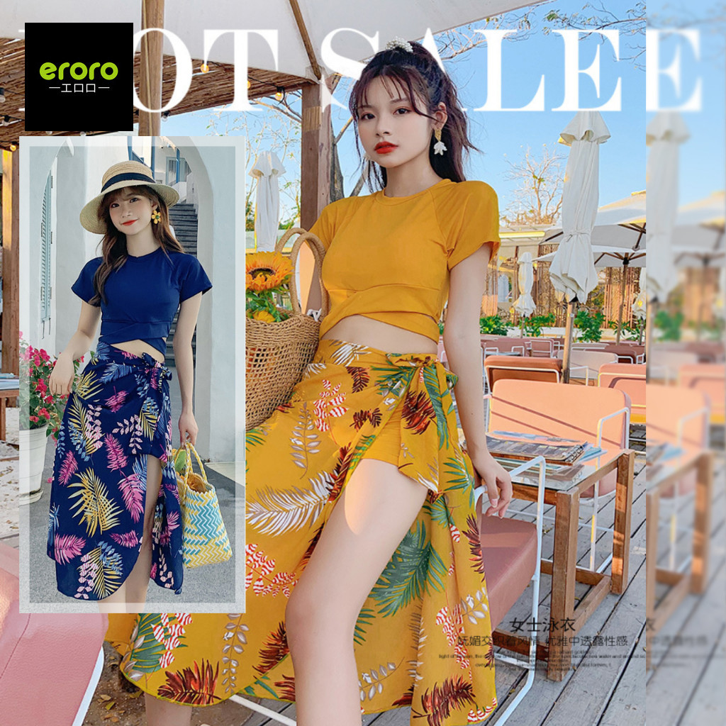 ERORO ชุดว่ายน้ำแขนสั้น ทูพีช เช็ท3ชิ้น มีผ้าคลุมเอว ลายดอกไม้  ฟรีไซส์ สำหรับ ผู้หญิง