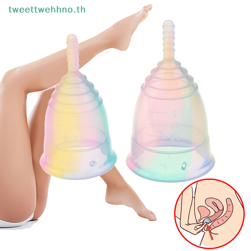 Tweetwehhno ถ้วยประจําเดือนแบบนุ่มหลากสีซิลิโคนถ้วยสุขอนามัยของผู้หญิงถ้วยระยะเวลาถ้วยนํากลับมาใช้ใหม่ TH