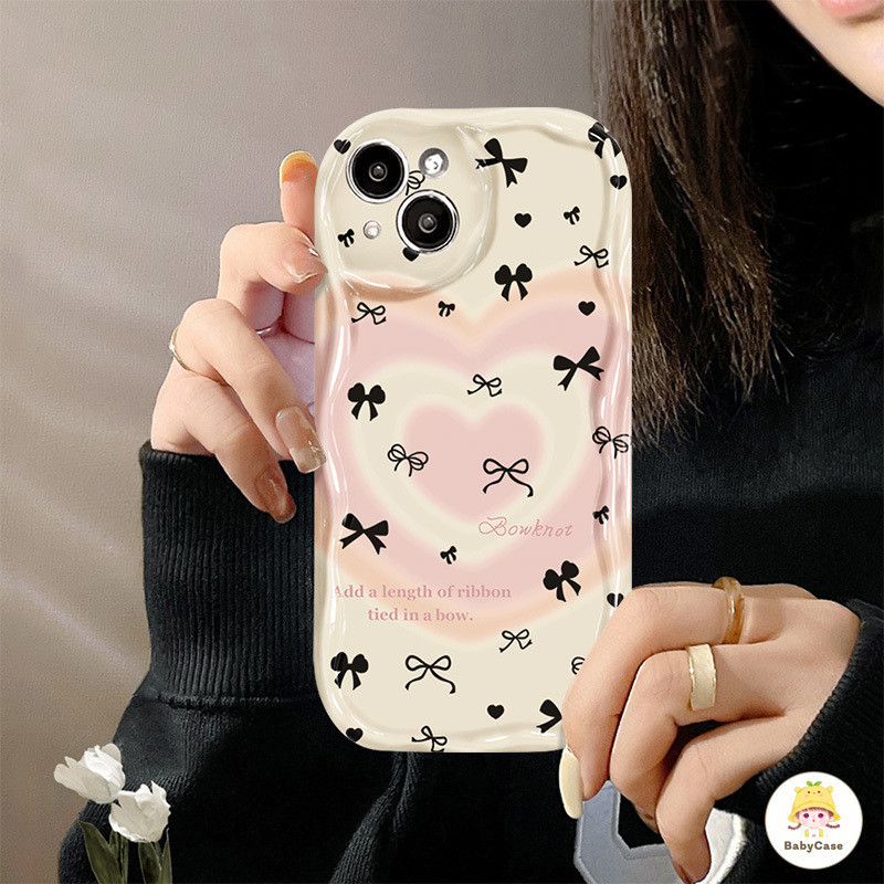 รูปแบบคู่รักรูปหัวใจไล่ระดับสีโบว์สวย 3D ซอฟท์เวฟขอ TPU เคสIphone XR 11 15 13 12 14 Pro Max X XS Max 7 8 15 Plus SE 2020