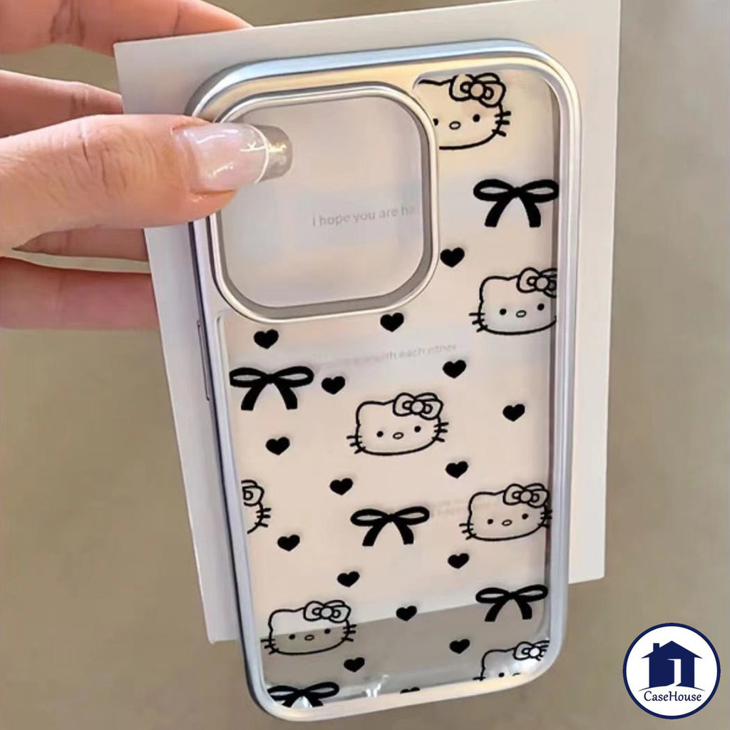 การชุบที่หรูหราชัดเจนเคสผูกโบว์ลายแมวคิตตี้น่ารักเข้ากันได้สำหรับ IPhone 11 13 15 12 14 Pro Max XR 7 8 Plus X XS MAX SE