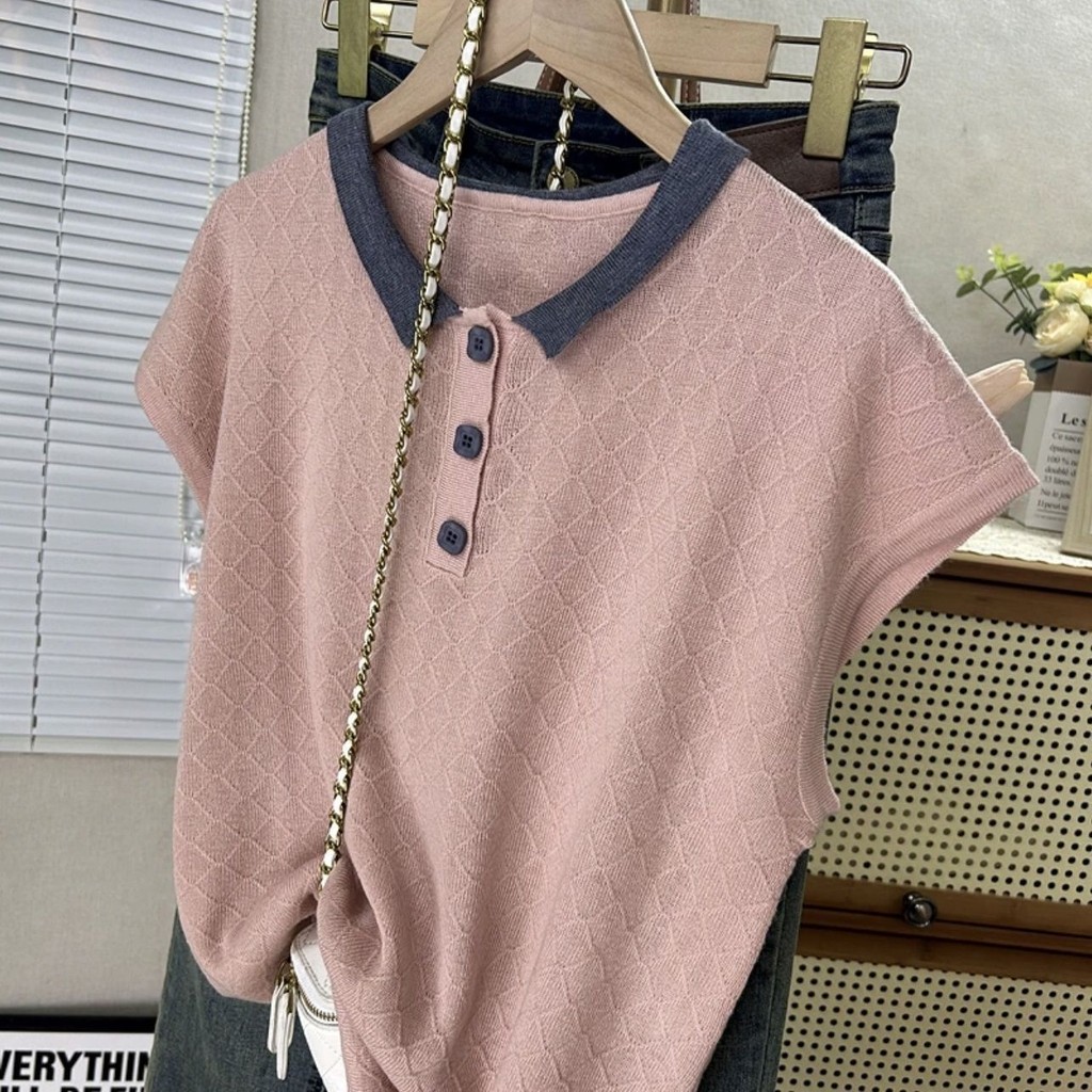 เสื้อยืดแขนสั้นคอโปโลผ้าไหมไอซ์ฤดูร้อนใหม่ออกแบบพื้นผิวใหม่สไตล์จีนรุ่นบางหลวมลดอายุผู้ใหญ่