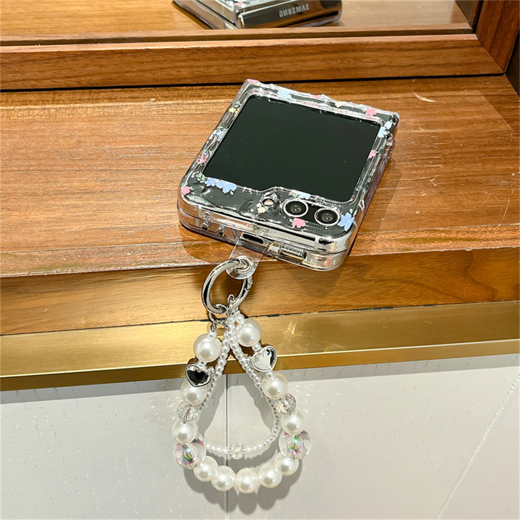 น่ารักสดระลอกน้ําดอกไม้ดอกไม้โปร่งใสเคสโทรศัพท์พร้อมโซ่มุกสําหรับ Samsung Galaxy Z Flip 5 6 Z Flip6 ZFlip 5 Zflip6 Zflip7 กันกระแทกปกหลัง - รูปที่ 4
