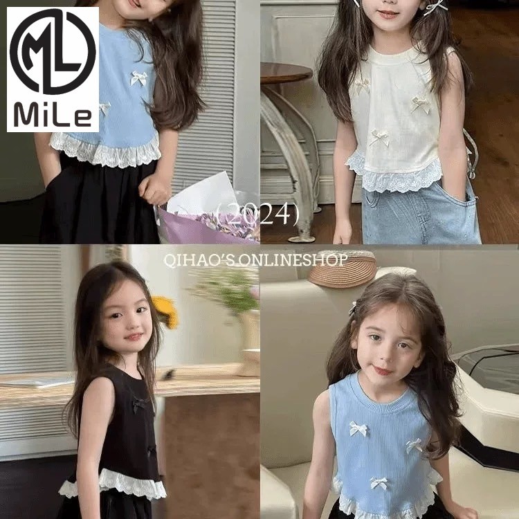 [มล] 90-130ซม สาวเกาหลีรุ่นโบว์เสื้อกั๊กฤดูร้อนสไตล์ใหม่เด็กหวานเย็บลูกไม้แขนกุดเสื้อยืดด้านบนอินเทรนด์
