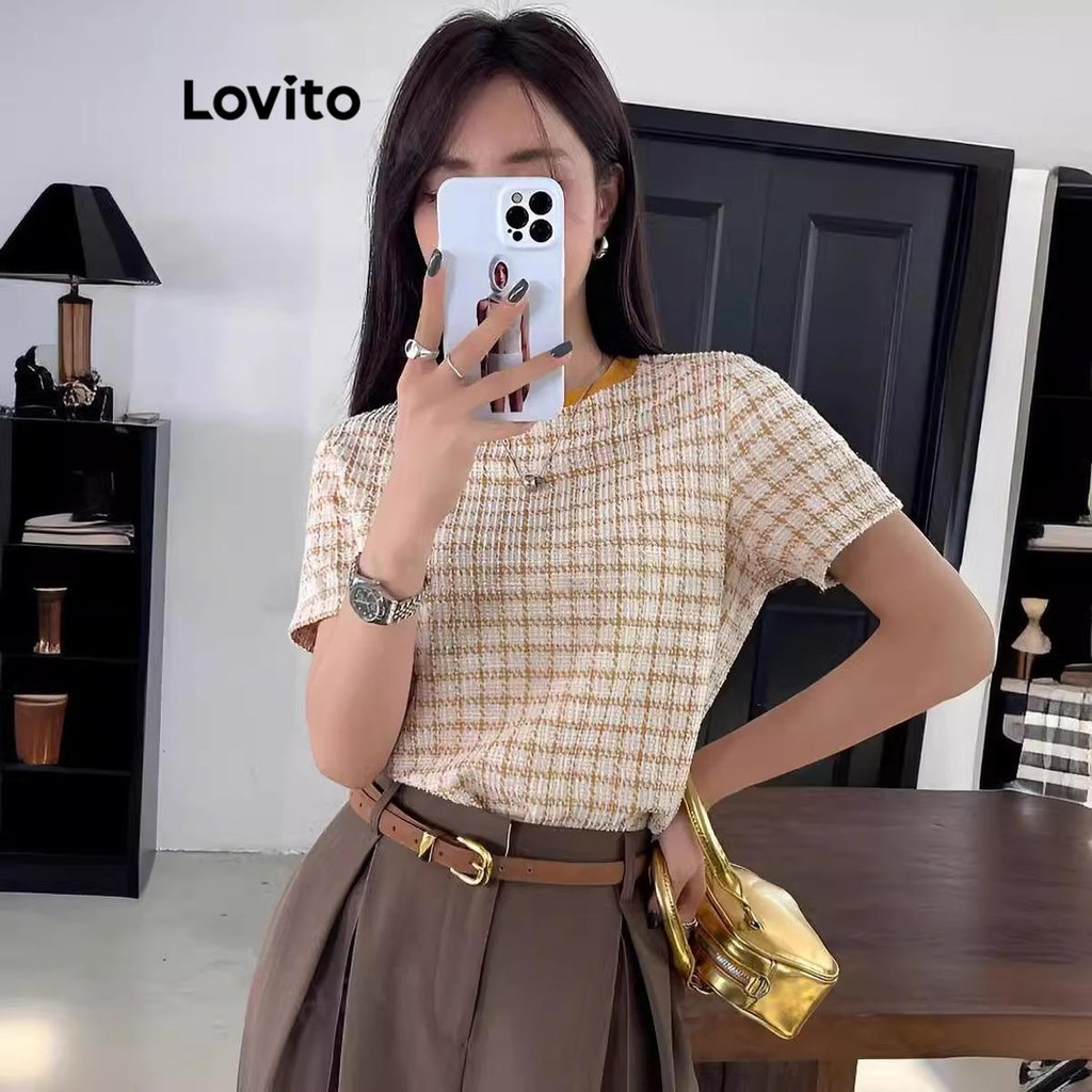Lovito เสื้อเบลาส์ลาย ลายกิงแฮมลำลองสำหรับผู้หญิง LMD81300
