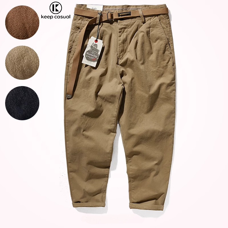『Keep Casual』กางเกงขายาวทรงตรงสไตล์เรโทรญี่ปุ่นสำหรับผู้ชาย กางเกงขายาวทรงเก้าส่วนสีกากีสำหรับผู้ชาย