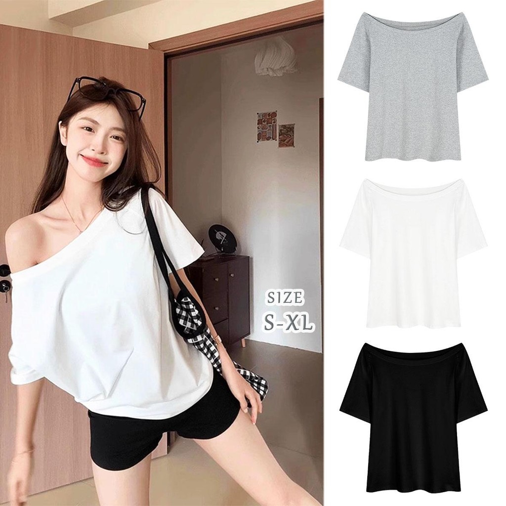 KOKO#เสื้อเชิ้ตแขนสั้นเปิดไหล่ผู้หญิง เสื้อปาดไหล่สาวอวบ สไตล์เกาหลี สีพื้น สไตล์ลำลองผ้าcotton#2687