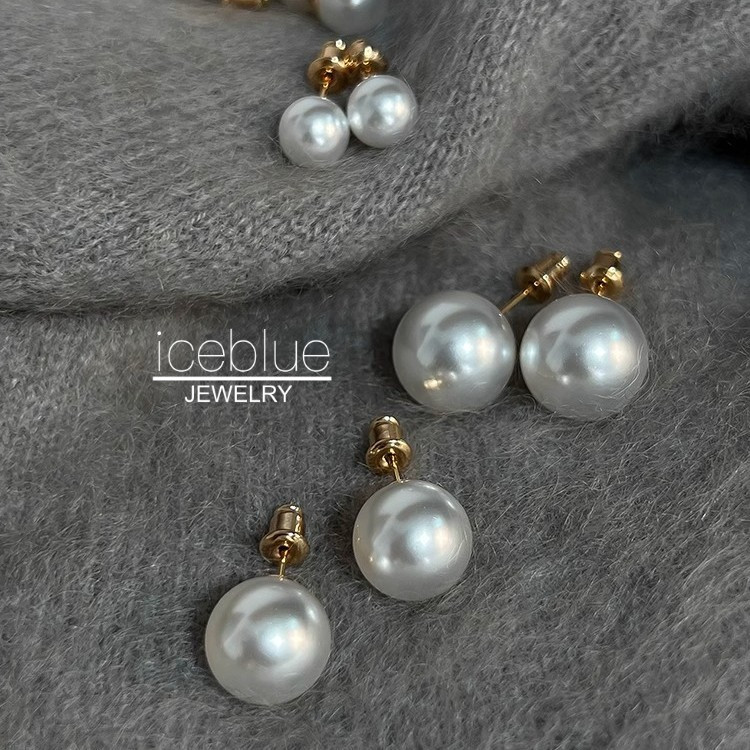 iceblue-Elegant Bright สีขาว Pearl Stud ต่างหูผู้หญิง 8 มม.-16 มม.กันน้ํา Non Tarnish 18K สแตนเลส Hypoallergenic คลาสสิก E81