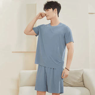 ชุดนอนชายผ้าเย็นระบายอากาศ สีทึบ สวมใส่สบาย เสื้อยืดและกางเกงขาสั้น