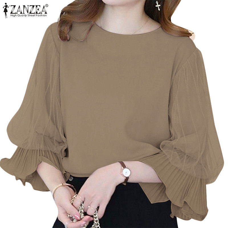 Zanzea เสื้อเบลาส์ลําลองตาข่าย Patchwork 3/4 แขนหลวมธรรมดา