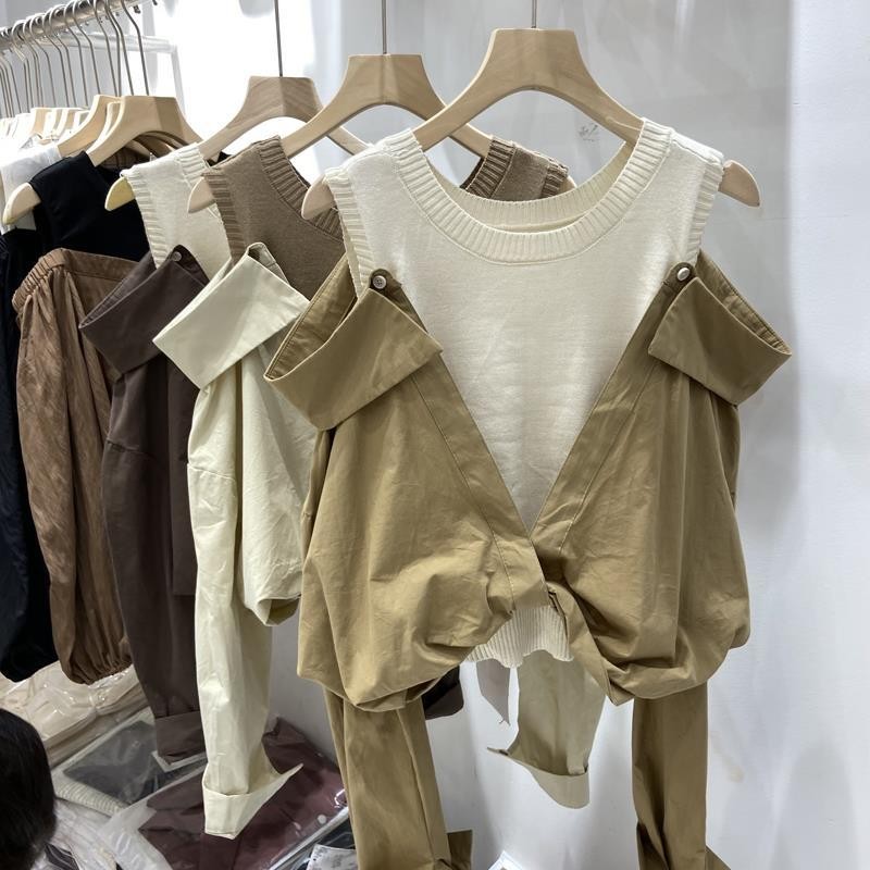 บลูซแขนยาวแบบเปิดไหล่สไตล์ฝรั่งเศสสำหรับผู้หญิง รุ่นใหม่ฤดูใบไม้ร่วงเกาหลี คอวี