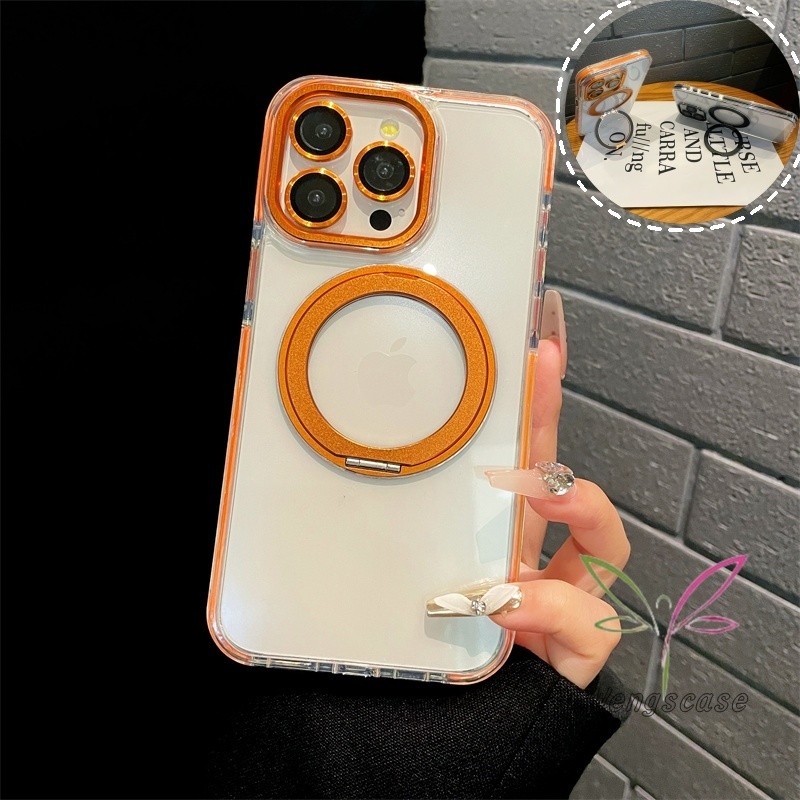 Magnetic Rotable Ring Stand Holder Clear Case Casing สําหรับ IPhone 16 15 14 13 12 11 Pro Max Plus ฝาครอบชาร์จไร้สาย