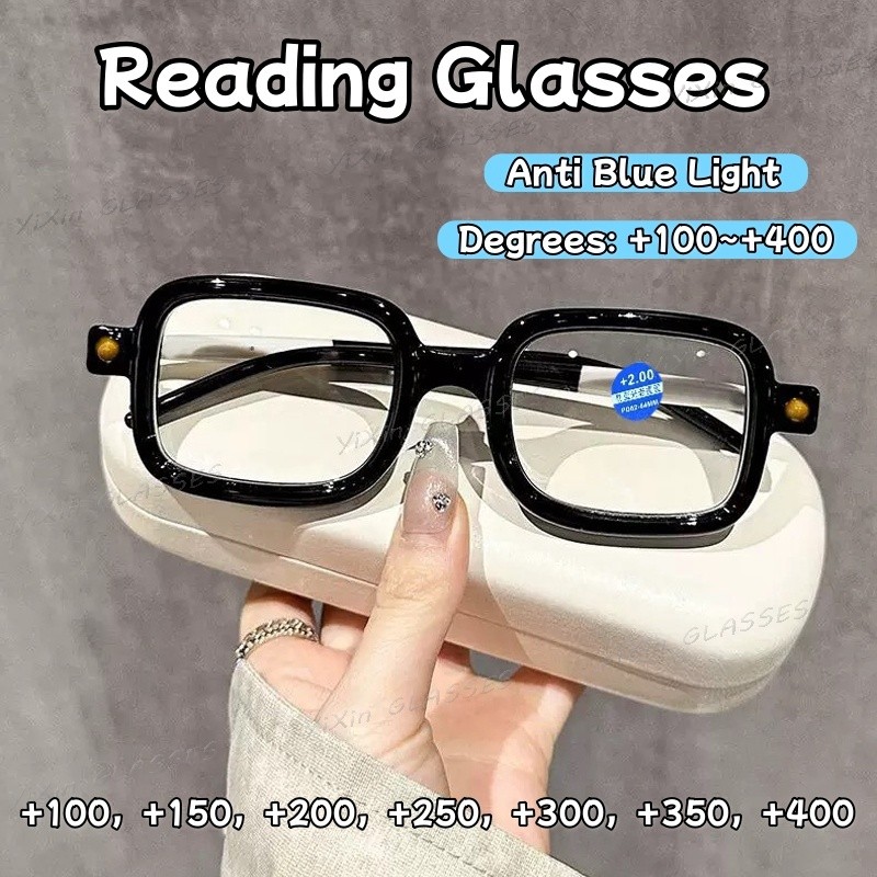 +1.00+1.50+.2.00+2.50+3.00+3.50+4.00แว่นตาอ่านหนังสือสแควร์สําหรับผู้หญิงผู้ชายแฟชั่นย้อนยุครอบป้องกันแสงสีฟ้ากรอบแว่นตาออปติคอลแว่นสายตายาวต