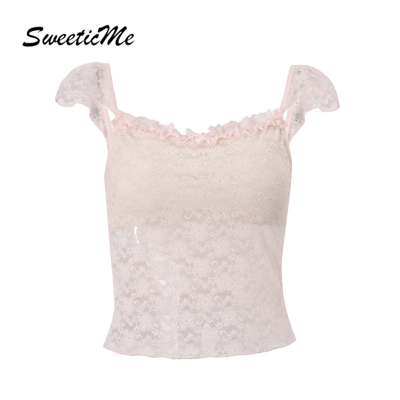SweeticMe ผู้หญิง 2025 ใหม่แฟชั่นหวาน Slim Fit เสื้อกล้าม Camisole สีทึบลูกไม้ดูผ่าน