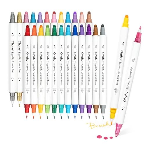 Ohuhu Dot Pen 24 Colors Dot Markers Brush/Fine Tip Dot Water-Based Pens Metallic Basic Colors Pastel