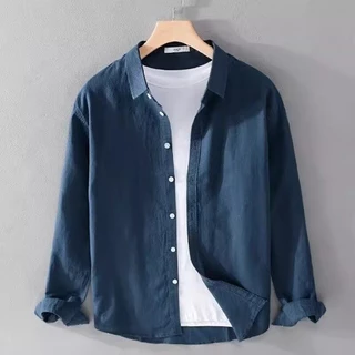 M-3XL เสื้อเชิ้ตผู้ชาย ผ้าฝ้าย และผ้าลินิน สีขาว แฟชั่นฤดูร้อน เสื้อผู้ชาย