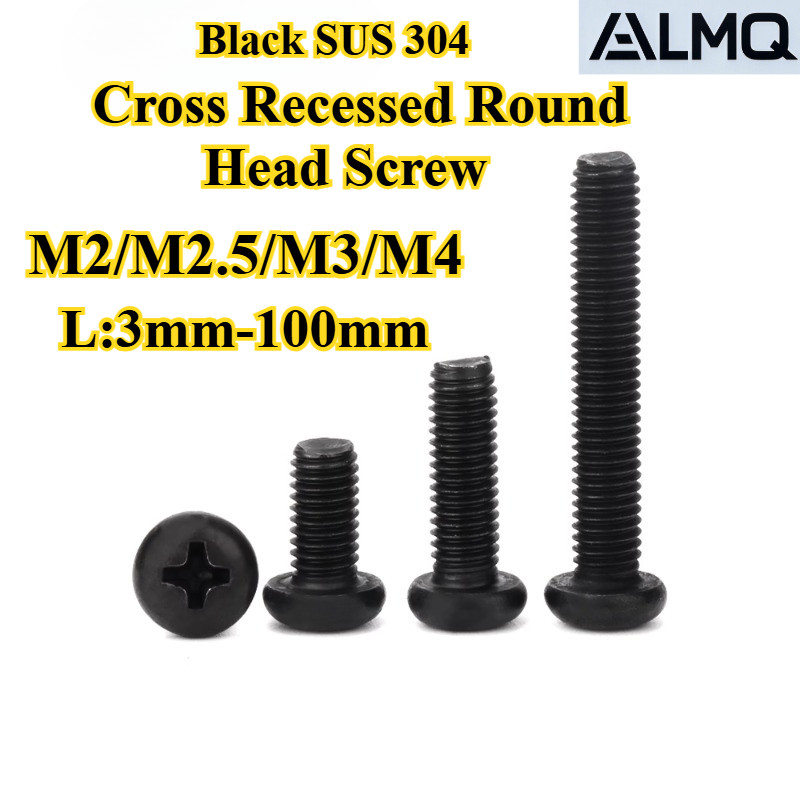 [LMQ-YTJS] สีดํา 304 สแตนเลส, สกรูหัวกลมไขว้ M2/M2.5/M3/M4 Cross Pan Head Bolt, สกรูความแข็งแรงสูง Oxidized ความยาว 3 มม.-100 มม.