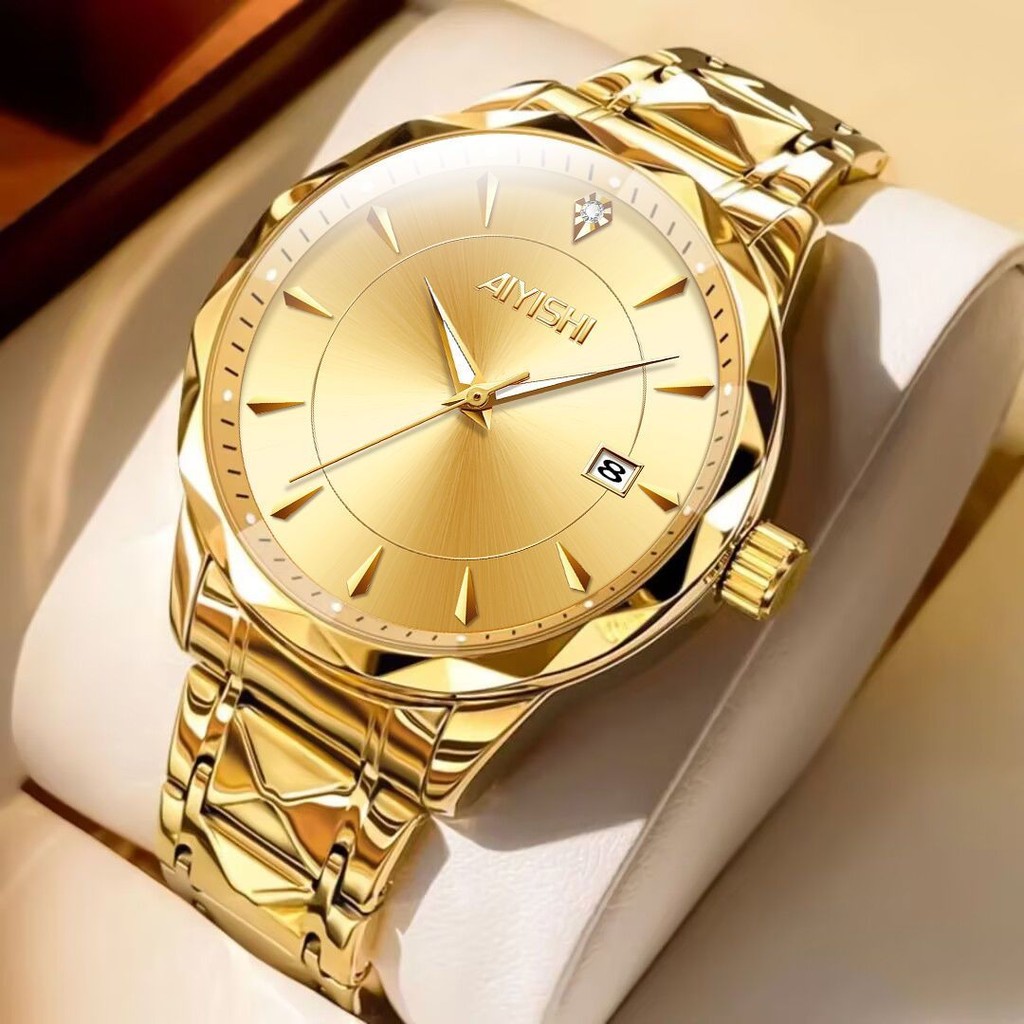 ✨2025✨ Jam tangan lelaki Luxury Diamond 2025 นาฬิกาใหม่ผู้ชายนาฬิกาควอทซ์อัตโนมัติบรรยากาศนาฬิกาสีทอ