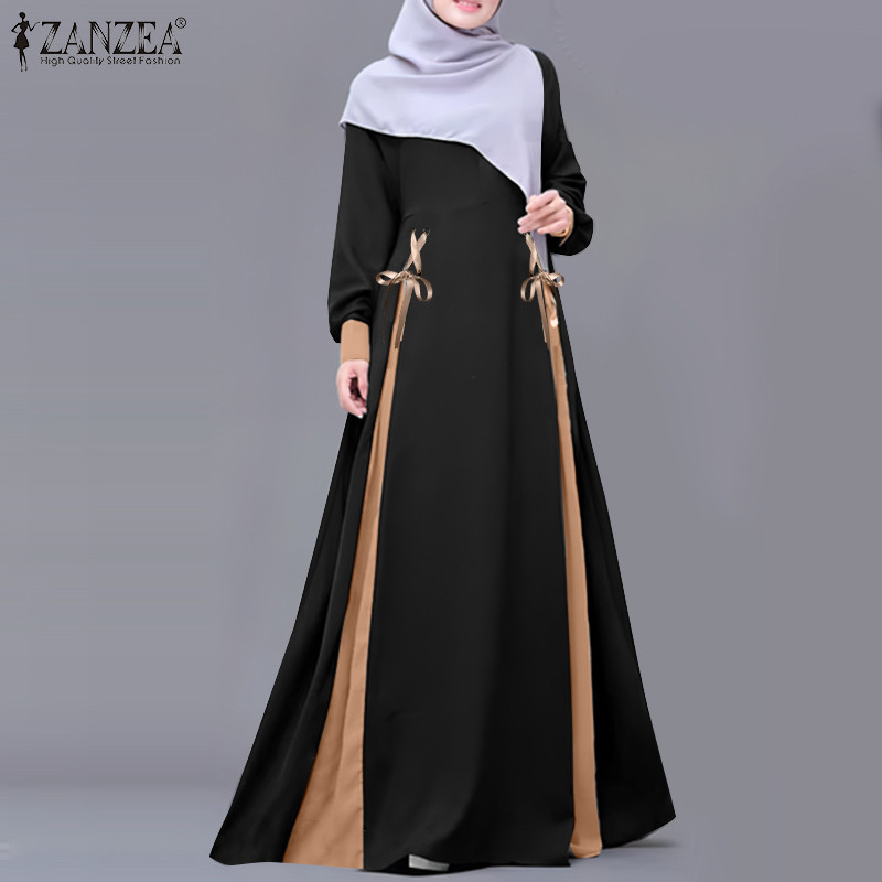 Zanzea ผู้หญิงมุสลิม Elegant โคมไฟแขน Lace Up Design Maxi Contrast Dresses