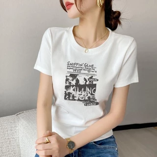 สไตล์ใหม่ของผู้หญิงเสื้อยืด ทรงสลิม แขนสั้น ทำจากผ้าฝ้าย พิมพ์ลายฤดูร้อนใหม่ ท๊อป