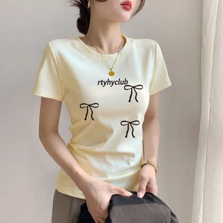 เสื้อยืดแขนสั้นผู้หญิงรุ่นใหม่พิมพ์ลายโบว์ น่ารัก และเซ็กซี่ สีเทา ไหล่หน้า ทรงสลิมฟิต