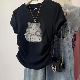 เสื้อยืดไหล่แมว สีดำ แขนสั้น สำหรับผู้หญิง ฤดูร้อน ดีไซน์ใหม่ ดีไซน์เก๋ ทรงสลิมฟิต เสื้อครอป เหมาะสำหรับผู้หญิง
