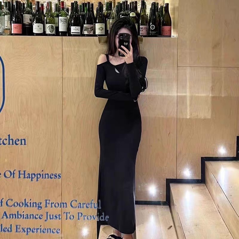 เดรสดํา น่ารัก ทํางาน แขนยาว งานพรอม รัดรูป ผู้หญิง เปิดไหล่ เกาหลี ชุดเดรสยาว สาวอวบ black prom mix