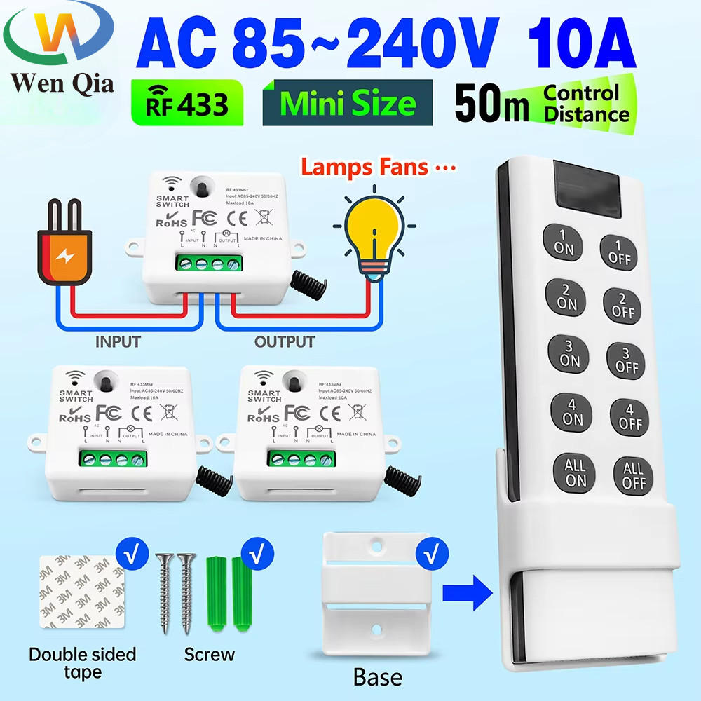 Rf ไร้สายสมาร์ทสวิทช์ 433MHz 110V 220V Mini รีเลย์ตัวรับสัญญาณโมดูล,4-in-1 รีโมทคอนโทรล,สําหรับหลอดไฟ Led พัดลมเปิด/ปิด