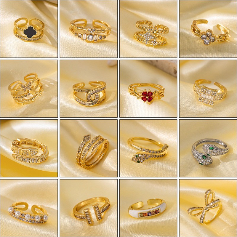 การผสมผสาน Link Clover Pearl Inlaid Zircon Heart Snake-Shaped แหวนทองแดงสำหรับผู้หญิง สไตล์เกาหลี เครื่องประดับ handmade ของขวัญ