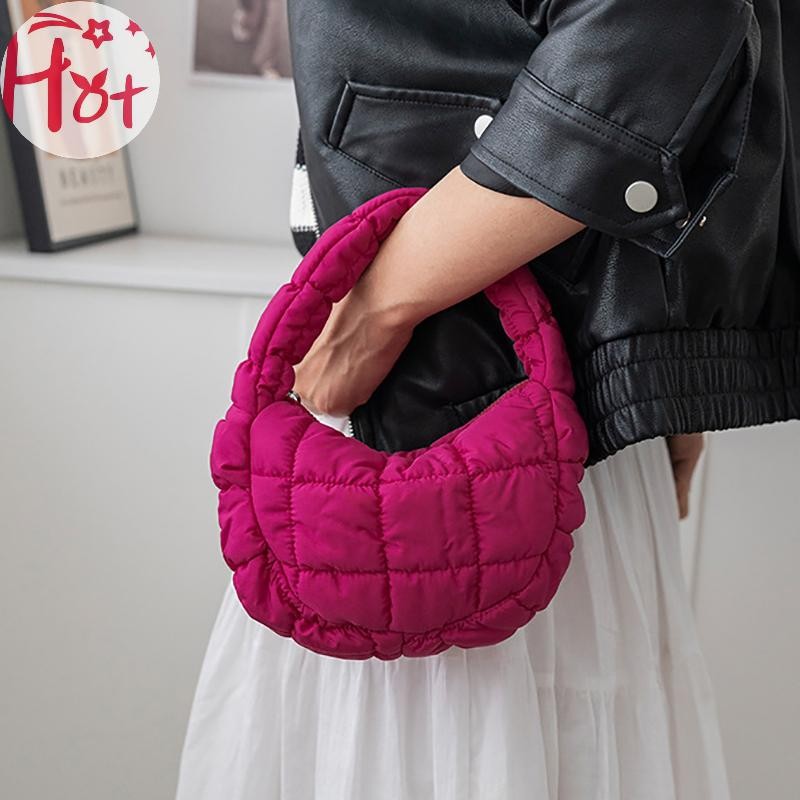 Ge Fashion Mini Puffer Tote Bag Quilted Circle Phone Purse Elegant Purple Soft Nylon Cushion Key Pou