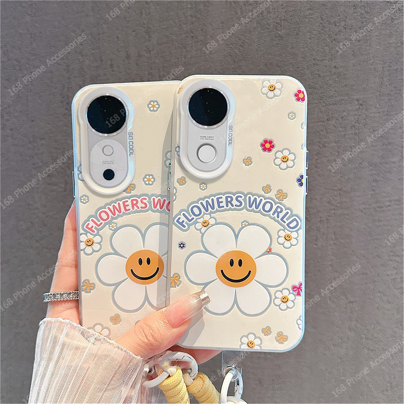 เคส Vivo V50 Lite V40 Y200 5G เคส Vivo V40 Pro เคสน่ารักการ์ตูนดอกทานตะวันสีสันสดใสกันกระแทกซิลิโคนนุ่มขอบด้านแข็งเคสพร้อมสายโทรศัพท์สําหรับนักเรียนหญิง