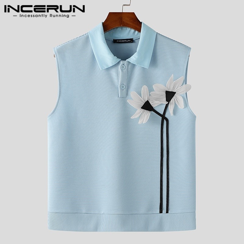 Incerun ผู้ชายเกาหลีแฟชั่น Lapel 3D ดอกไม้ตกแต่งเสื้อแขนกุดครึ่งกระดุม