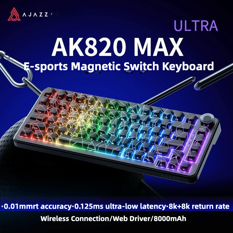 Ajazz AK820MAX ULTRA Magnetic Switch คีย์บอร์ดสามโหมดไร้สาย Rapid Trigger 8Khz RGB บลูทูธ 2.4g แบบมี
