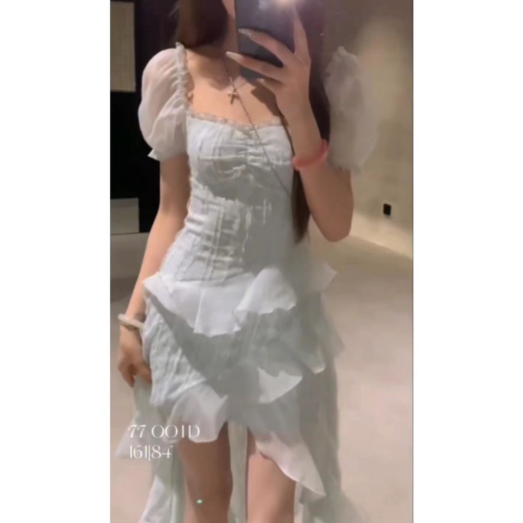 ส่งจากกรุงเทพฯ ฝรั่งเศส ฤดูร้อน แขนบิน ชุดเดรส หญิง กระโปรงหน้าสั้นและหลังยาวไม่สม่ำเสมอ