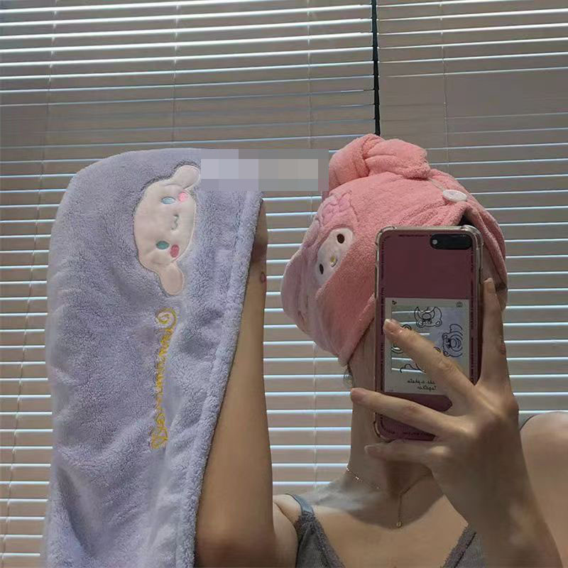 หมวกคลุมผมแห้ง Sanrio Hello Kitty My Melody Kuromi เย็บปักถักร้อย ดูดซับผมแห้ง หมวกสามเหลี่ยม สุภาพสตรี ผ้าขนหนูผมยาว หมวกอาบน้ํา