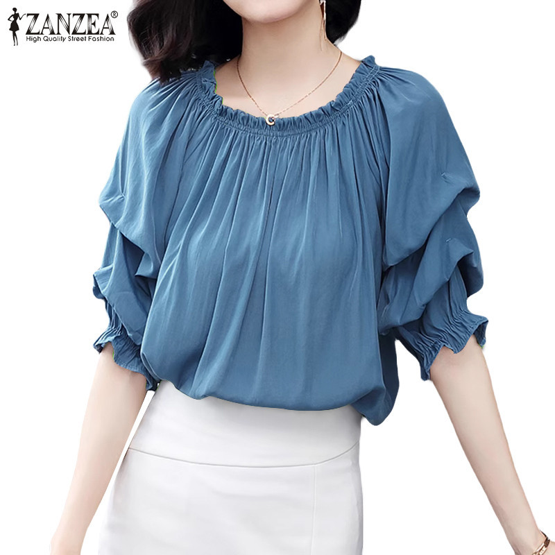 Zanzea ผู้หญิง เกาหลี เชื้อรา ขอบย่น ยืดหยุ่น ข้อมือ ครึ่งแขน เสื้อพลีท เสื้อเบลาส์
