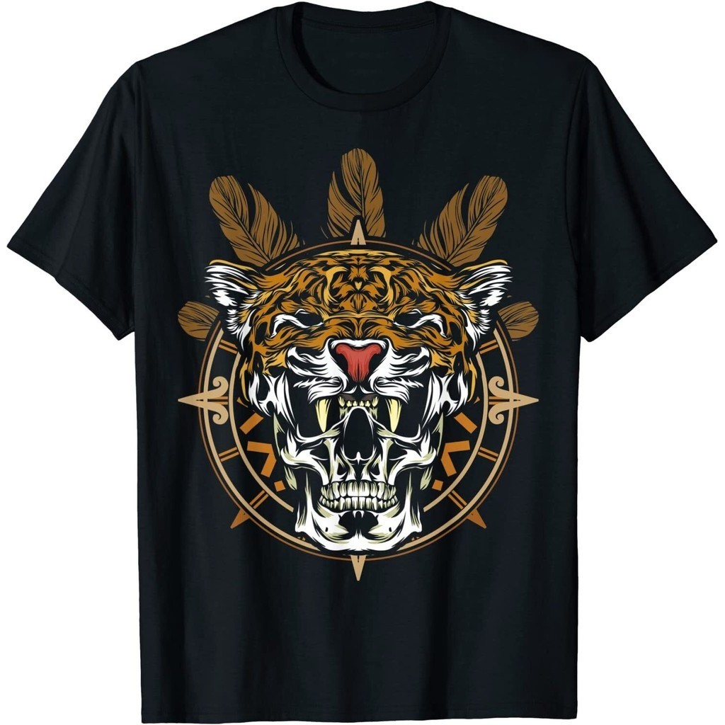 Aztec Warrior Jaguar Death Skull Native Headdress เสื้อยืดเม็กซิกัน