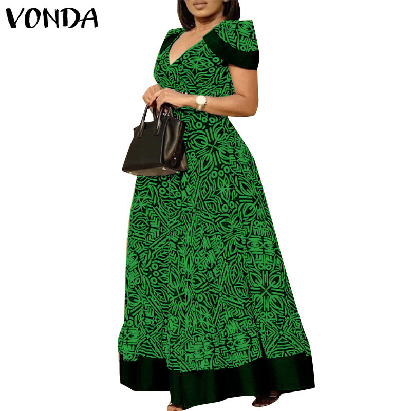 Vonda ชุดเดรสลําลอง คอวี แขนคลุม พิมพ์ลาย สไตล์วินเทจ สําหรับผู้หญิง