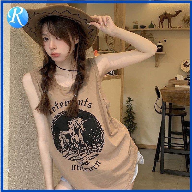 เสื้อยืดแขนกุด ทรงหลวม ความยาวปานกลาง ขนาดใหญ่ สไตล์เรโทร แฟชั่นฤดูร้อน สําหรับผู้หญิง