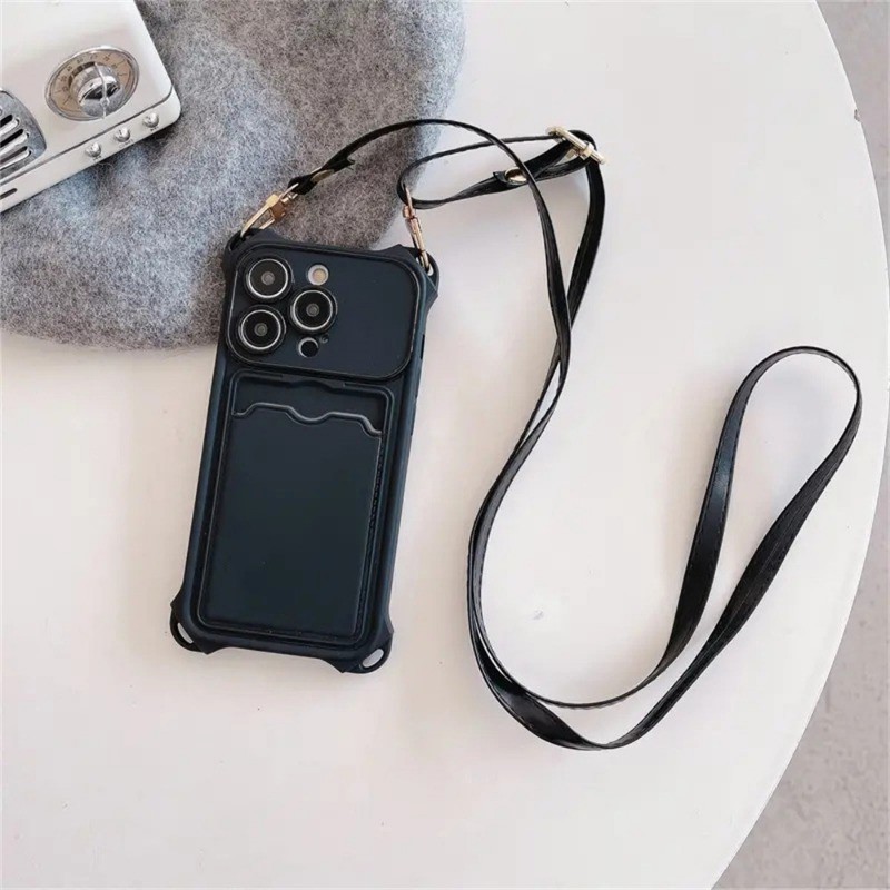 เคสโทรศัพท์มือถือ แบบนิ่ม มีช่องใส่บัตร และสายคล้องคอ สีดํา สําหรับ IPhone 15 Pro Max 14 13 12 11 X XS Max XR 7 8 Plus 15Plus