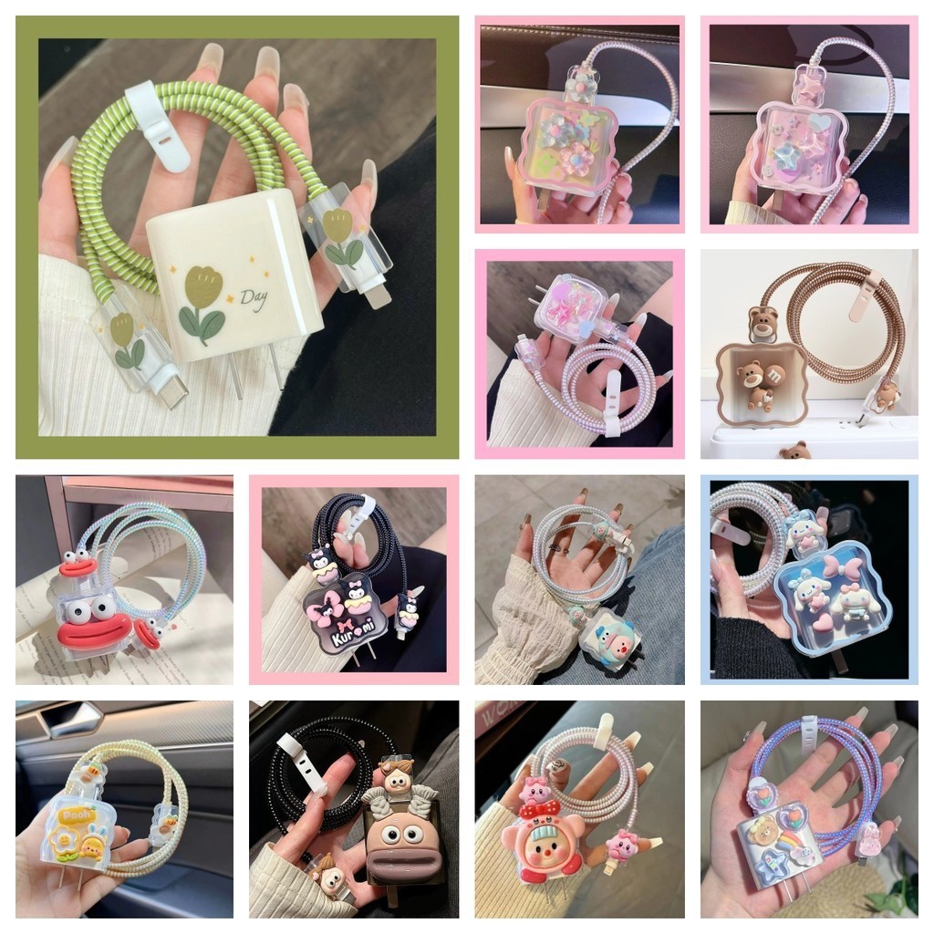 5 In 1 ชุดปลอกสายเคเบิลอะแดปเตอร์ชาร์จ ขอบหยัก ลายโบว์ หมี สตรอเบอร์รี่ ทอยสตอรี่ น่ารัก สําหรับ for iPhone 18 20W