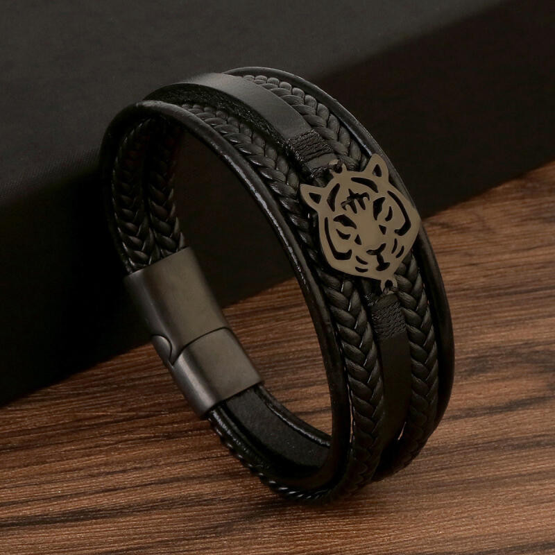 เครื่องประดับ สร้อยข้อมือ สแตนเลส สายหนัง ลายตราสัญลักษณ์หัวเสือ สไตล์เรโทร แฟชั่นสําหรับผู้ชาย - รูปที่ 6