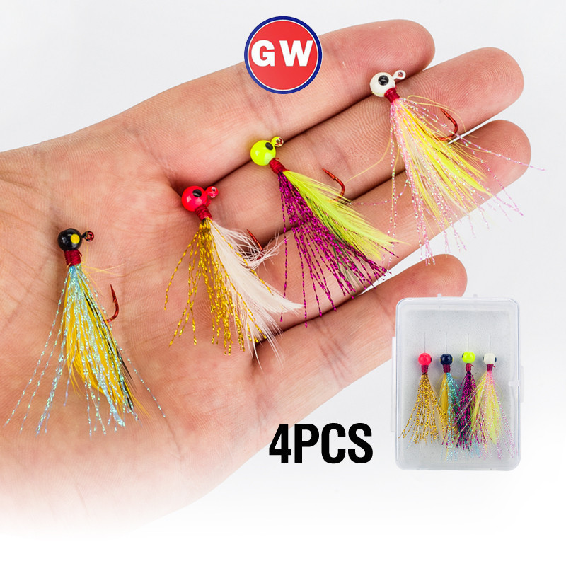 4 ชิ้น/กล่อง Fly Fishing Lures Mini Jig Heads Ball Head Fishing Hooks 0.9g Feather Jig Lures 3D ตาตกปลา Jigging เหยื่อ