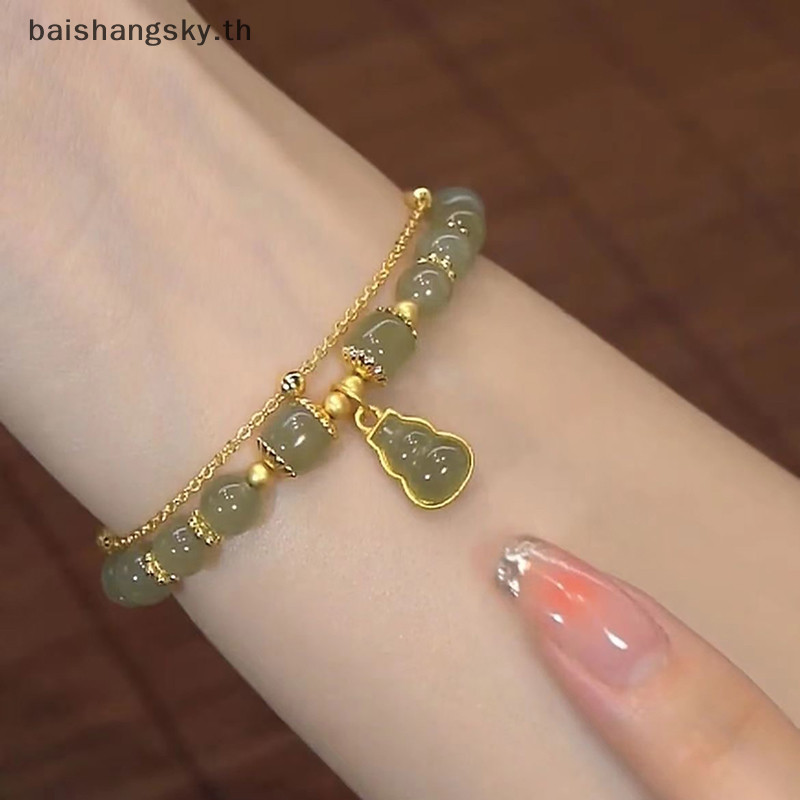 Byth สร้อยข้อมือ จี้หยกเทียม สไตล์จีน สองชั้น นําโชค เครื่องประดับ สําหรับผู้หญิง ปาร์ตี้ ของขวัญ byth