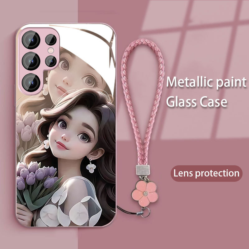 เคสโทรศัพท์มือถือกระจกนิรภัย ลายการ์ตูนเจ้าหญิง สีชมพู พร้อมสายคล้อง สําหรับ Samsung Galaxy S24 S23 Fe S22 Ultra Plus A34 A54 A53 A52 A52S A14 4G 5G Galaxy S24+ S23+ S23Fe S22+ 5G